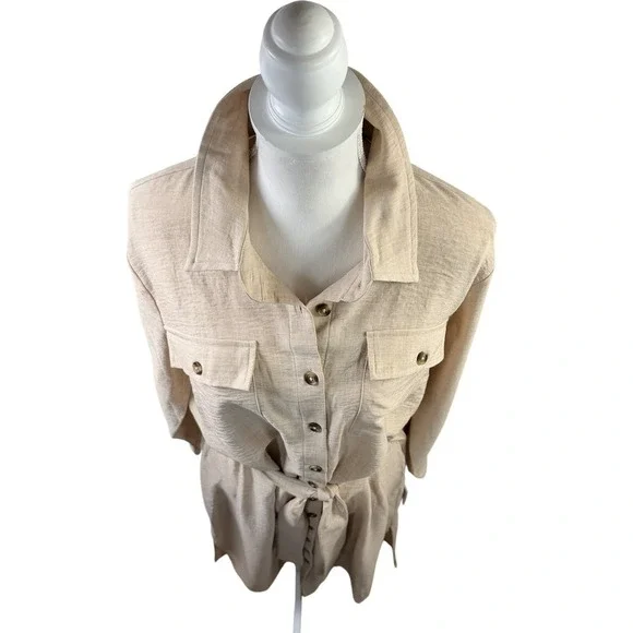 NWT DKNY Collared Button Tan Shirtdress Long sleeve collar -Removable belt Large - Picture 3 of 11